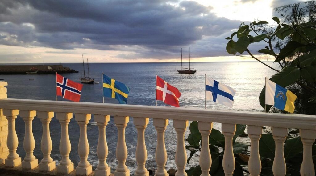 Norwegian, Swedish, Danish, and Finnish flags alongside the Canarian flag in Arguineguín, reflecting the connection with Scandinavians.